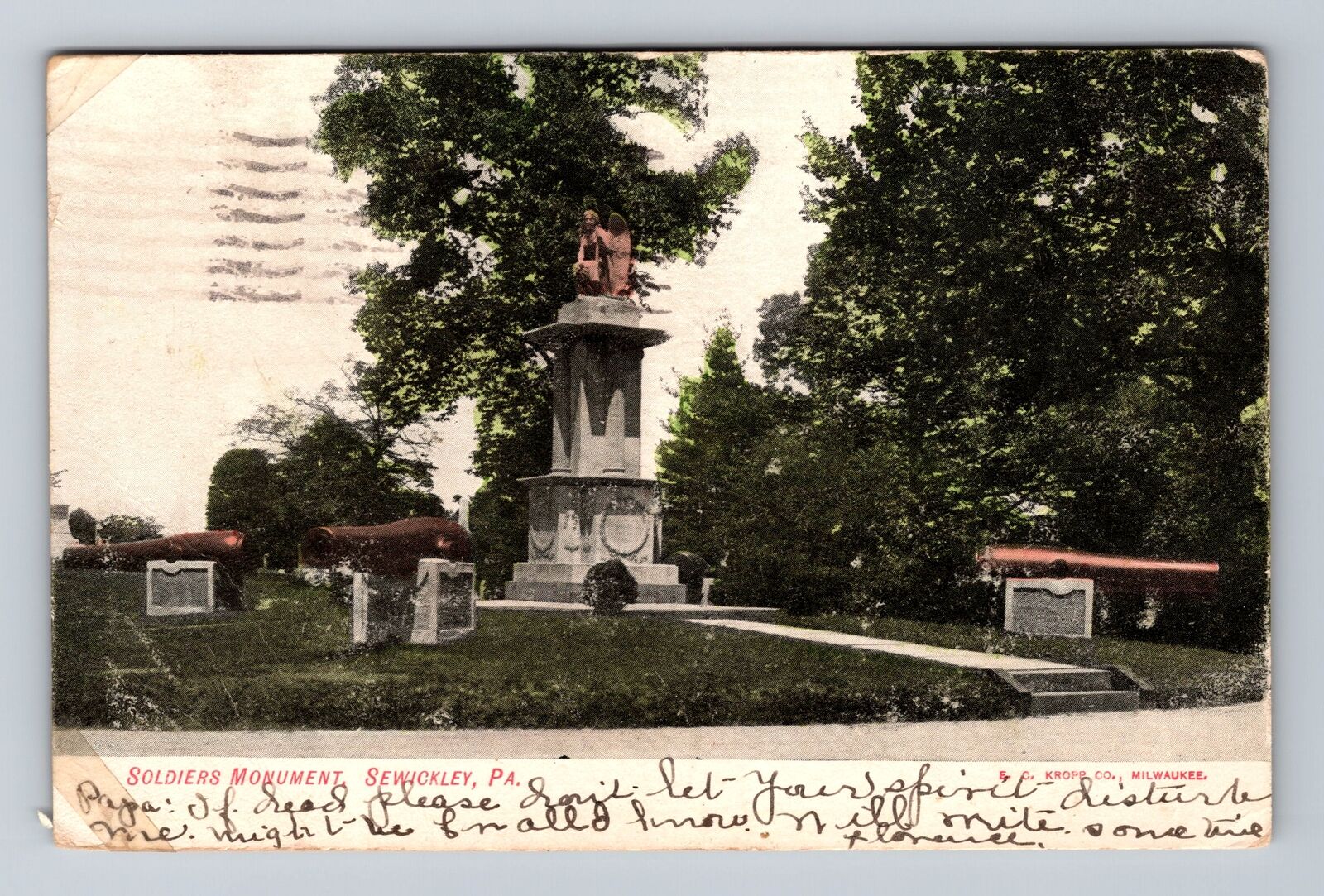 Sewickley PA-Pennsylvania, Soldiers Monument, Antique, Vintage c1907 Postcard