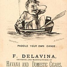 c1880s PORTLAND, Maine Delavina Havana Cigar Shop Trade Card Scared Boy Canoe C2 picture